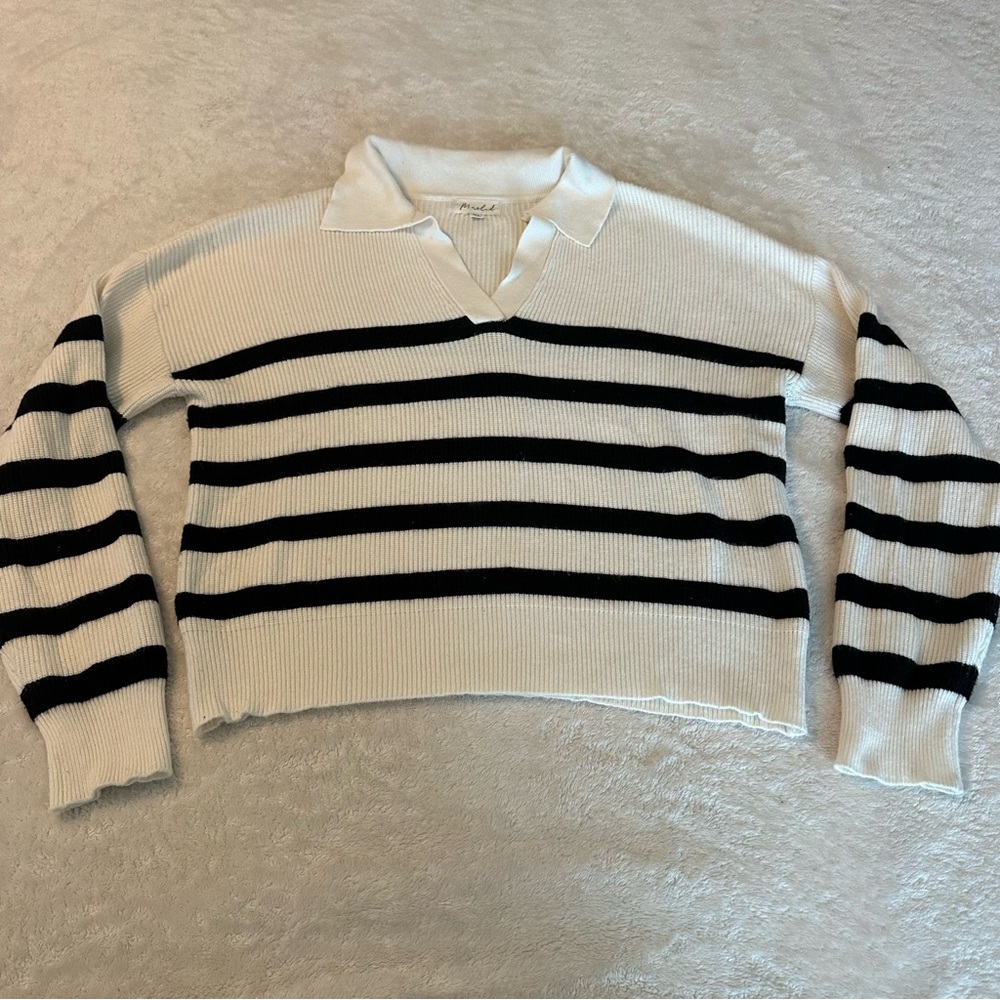 Marled Striped Black and White Women's Polo V Neck Sweater size XL
